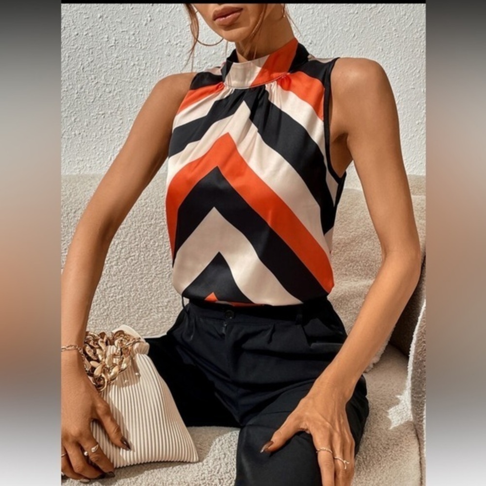 SHEIN || NWOT Black and Orange Chevron High-Neck Halter (M)